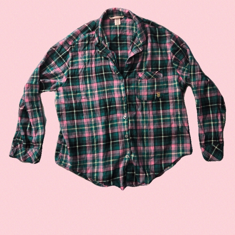 Victoria's Secret Pajama Top, Women's Small, Button Down, Pink Green Plaid